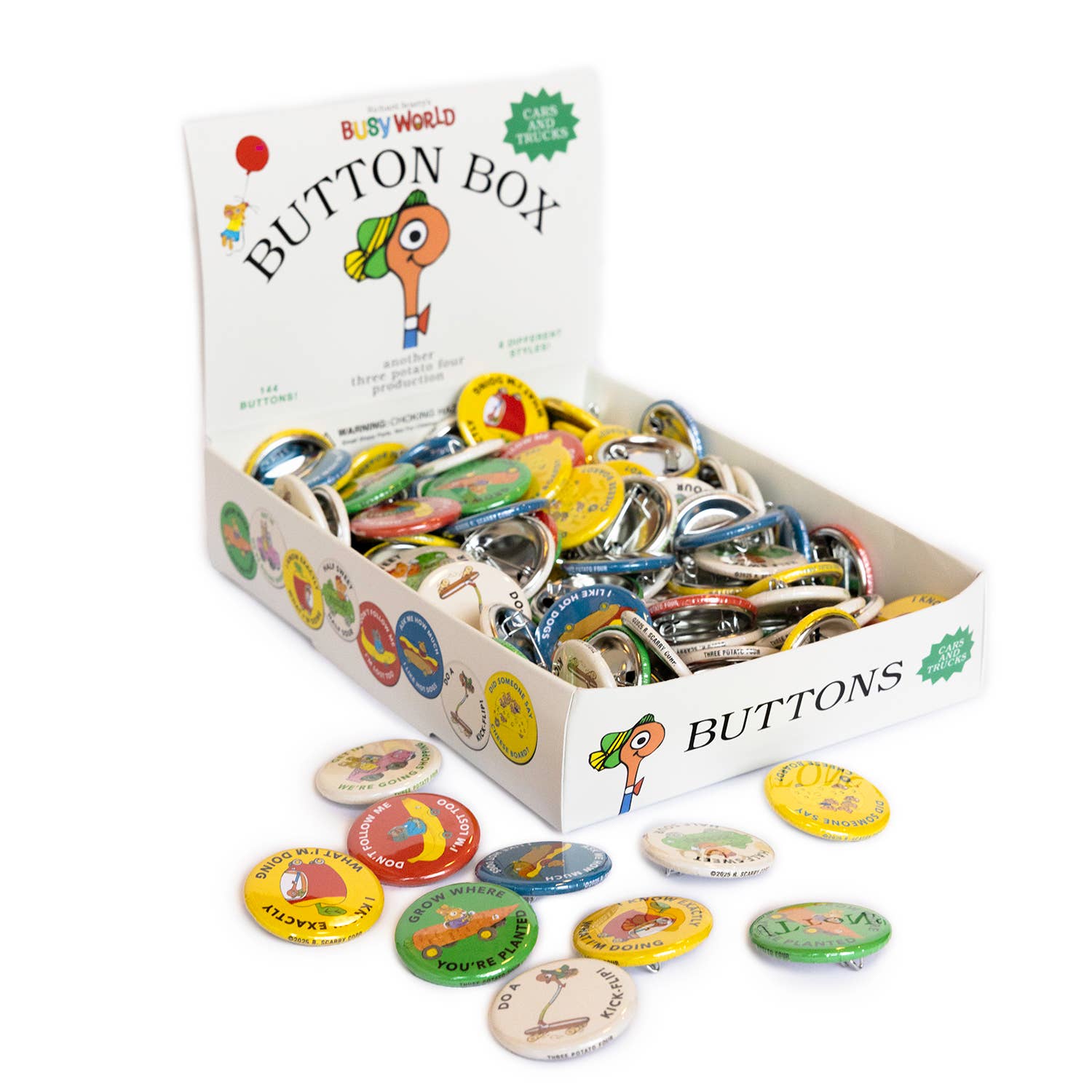 Three Potato Four – wholesale Nål och knapp för kavajslag – 3P4 x Richard Scarry® - Button Box (Bilar och lastbilar)3