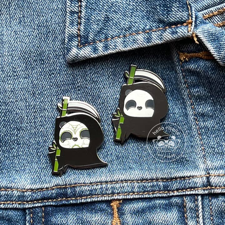 Hello Riselle | Art + Shop - Wholesale Lapel Pin/Button - Sugar Skull Grim Reaper Panda - Glow in the Dark Enamel Pin2