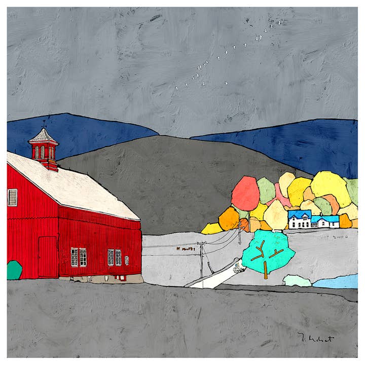 Celeiro Vermelho e Árvores Coloridas Impressão de Arte de Arquivo Assinada por atacado de Ynon Mabat