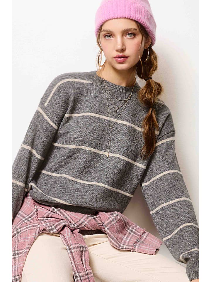 La Miel - Wholesale Knit Sweater - Women's - HCS3553-Loose Fit Stripe Long Sleeve Crewneck Sweater27