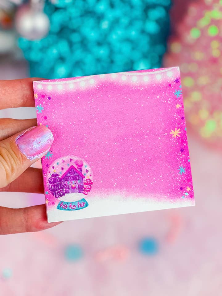 Christmas Bookshop Snow Globe Sticky Notes 3" x 3" for wholesale by Emily Cromwell Designs