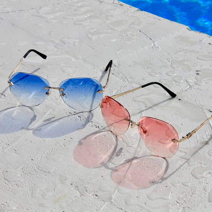 Juliet Rimless/Retro Blue Shade Scalloped Aviator Shape Womens Sunglasses. for wholesale by TiaraBleu