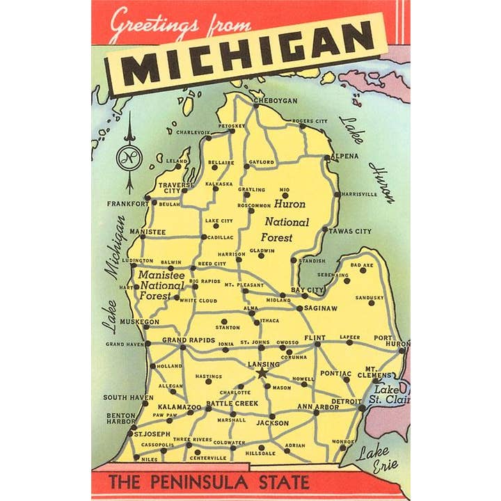 Found Image Press - Wholesale Magneet - Magneet MI-474 Groeten uit Michigan, Kaart