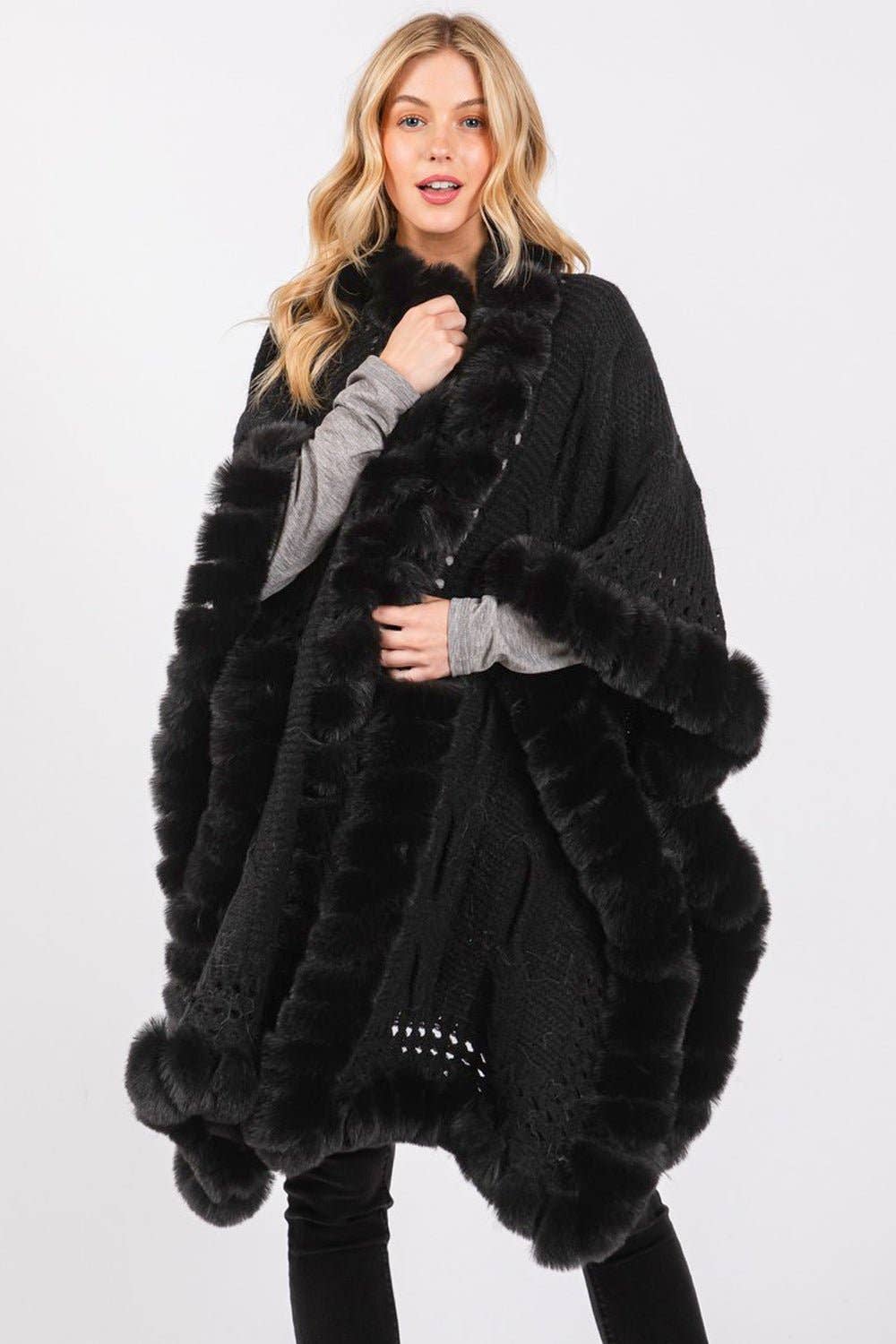 MiMi Wholesale - Wholesale Cape - Women's - MS0408 Faux Fur Trim Cape With Closure14