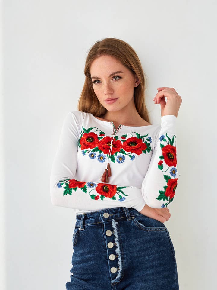 Camiseta bordada de manga larga Voloshki blanca para venta al por mayor de Handmade Originals Ukraine