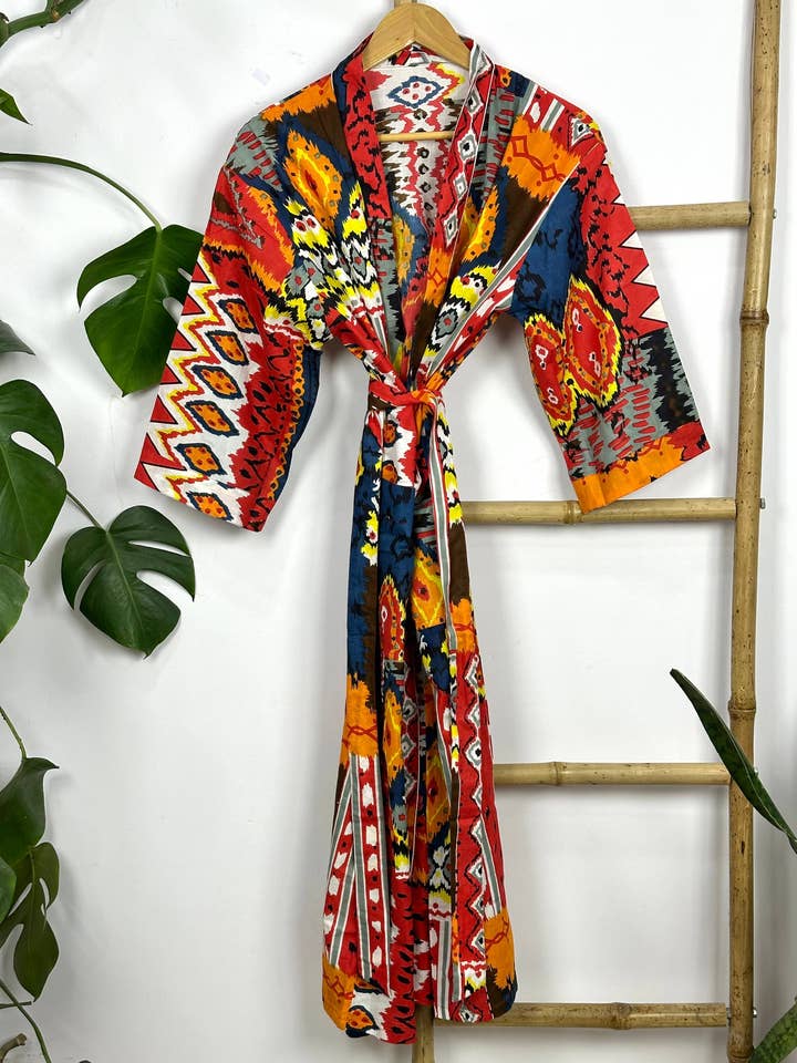 The Eastern Loom – Großhandel Bademantel – Damen – Boho House Bademantel-Kimonokleid aus Baumwolle mit Handblockdruck