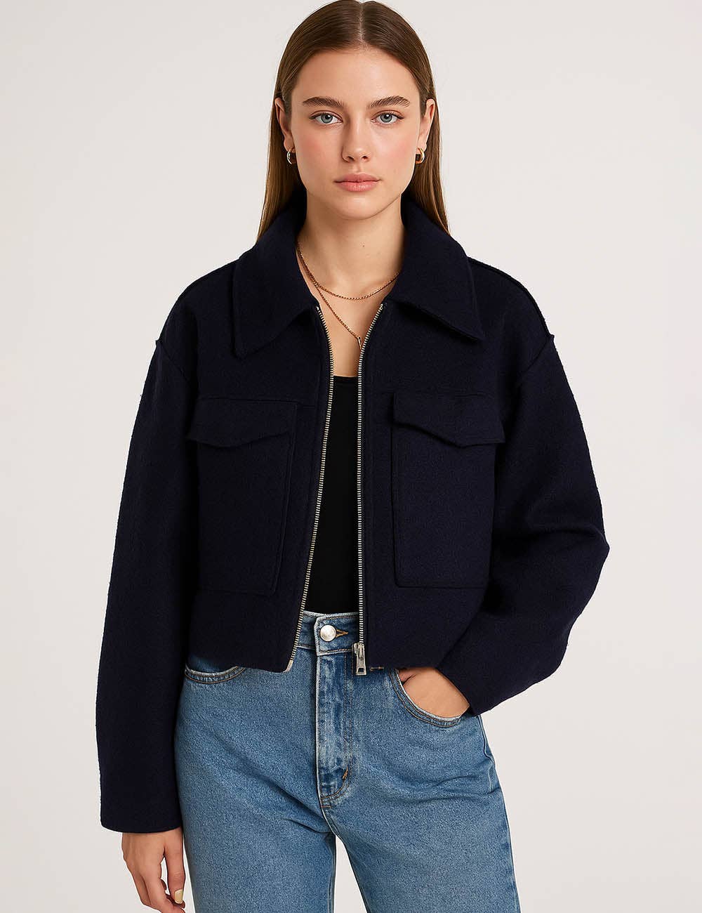 Sweetkama - Wholesale Jacket - Women's - Ladies Turn Down Collar Boxy Cropped Wool Blend Jacket5