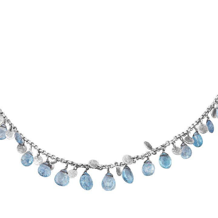 Blue Topaz & Oxidised Silver Disc Necklace for wholesale by POMEGRANATE