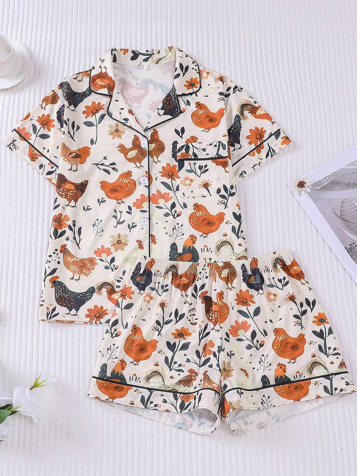 Floral Chicken Print Pajama Set for wholesale by Tickled Teal