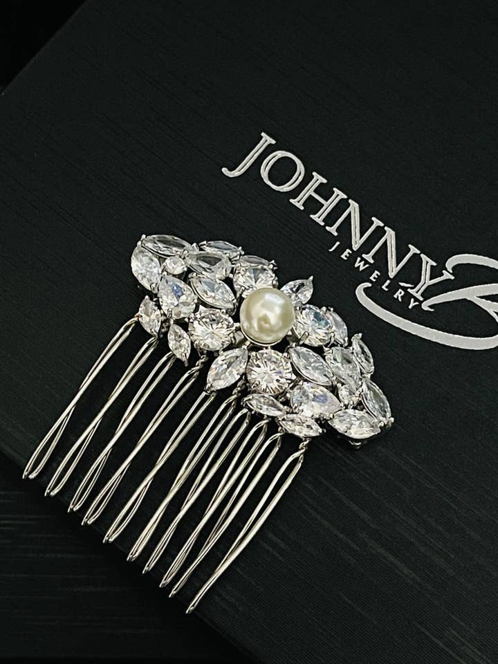 FARAH - CZ And Pearl Hair Comb In Silver for wholesale by JohnnyB Jewelry