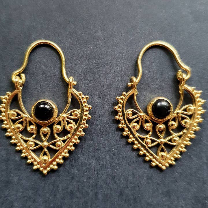 Small Boho Golden Earrings Black Onyx / Brass Triangle / Mandala / Ethnic / Rustic / Yoga / Hippie / Gypsy / Psy / Bohemian / Festival for wholesale by Kaali Boutique