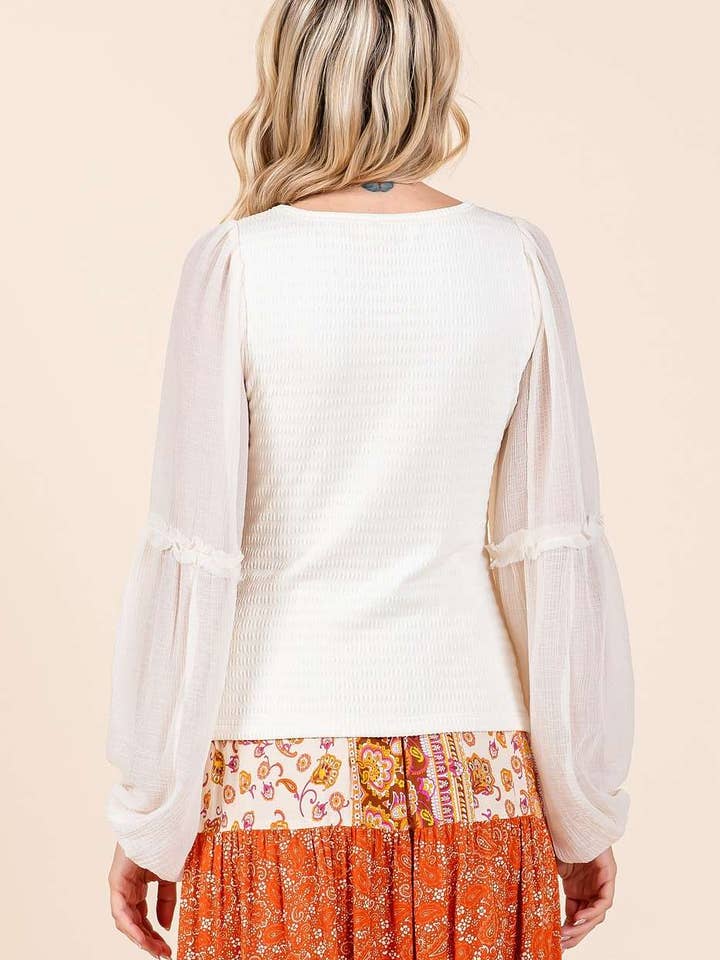 mittoshop - Wholesale Knit Top - Women's - MIXED MEDIA TEXTURED KNIT CHIFFON LONG SLEEVE TOP7