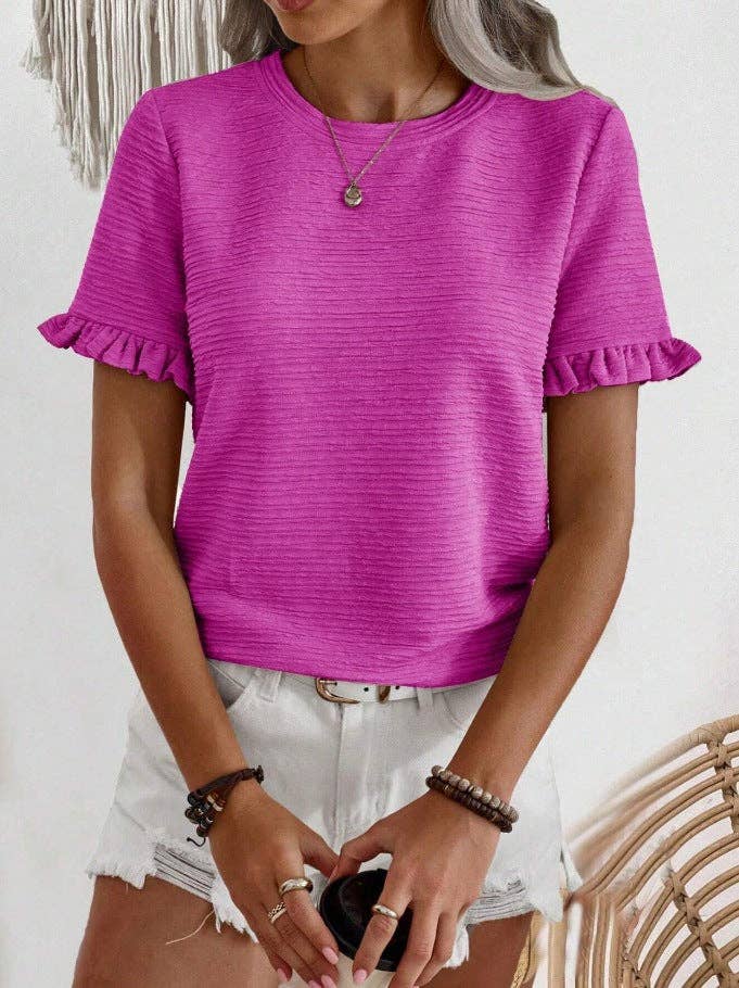 Suhkasana - Wholesale Blouse - Women's - Ruffle Sleeve Round Neck Textured Top for Women