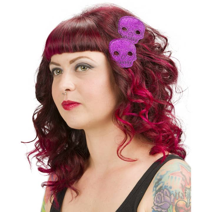 Square Deal Recordings & Supplies - Wholesale Hair Clip - Women's - Hair Clips - Sourpuss - Purple Glitter Skull - Set Of Two