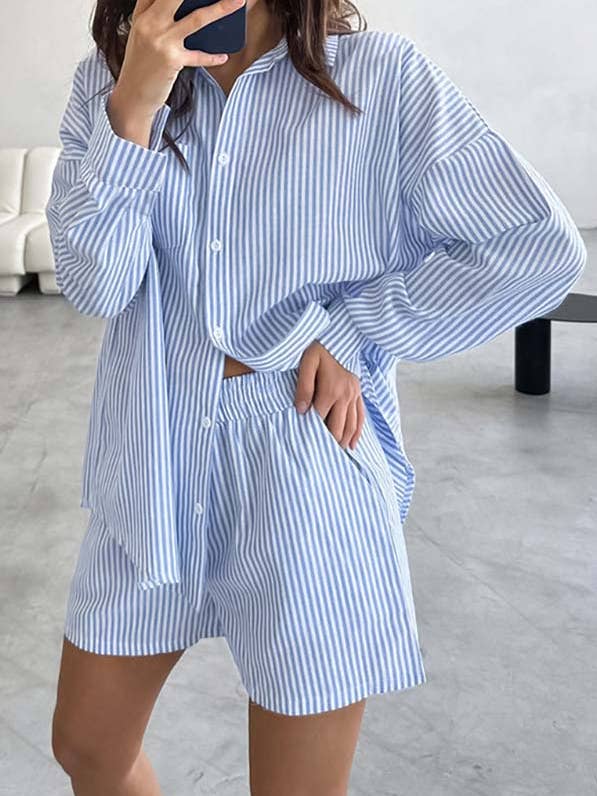 Striped Button-Up Shirt and Shorts Set for wholesale by Fleurworld