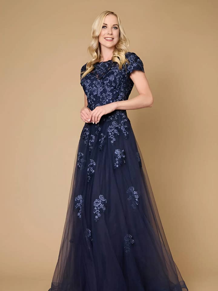 Long Lace Navy Mother of the Bride Dress for wholesale on Faire