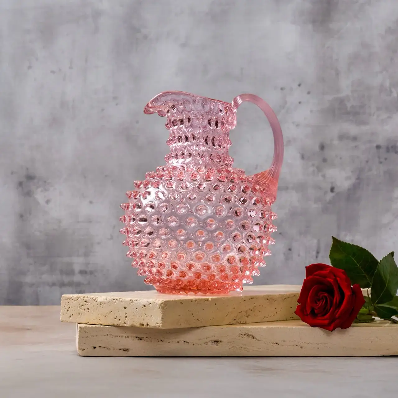 Maure Luxury Gifts - Wholesale Jug - Hobnail Glass Pitcher | Petal Pink | 2L | Vintage Jug1