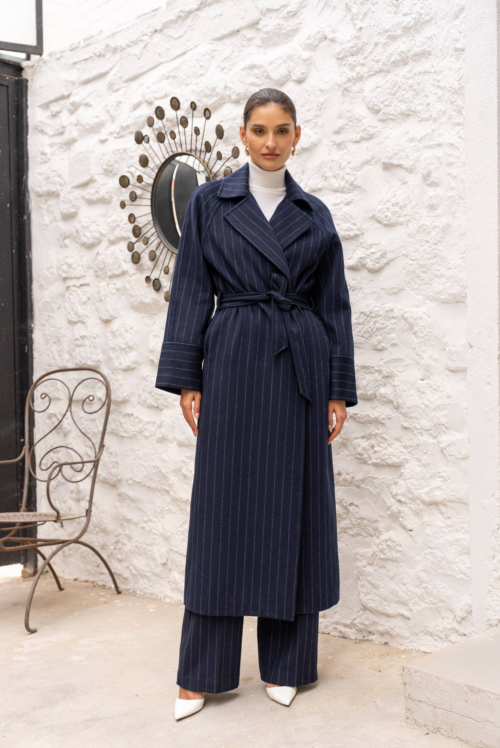 Attentif Paris - Wholesale Coat - Women's - Long coat in fine striped wool blend0