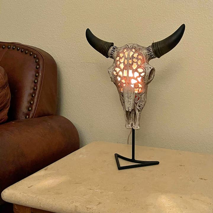 Zeckos - Wholesale Accent/Desk Lamp - Steer Skull Wall Table Accent Light w/ Removable Metal Stand2