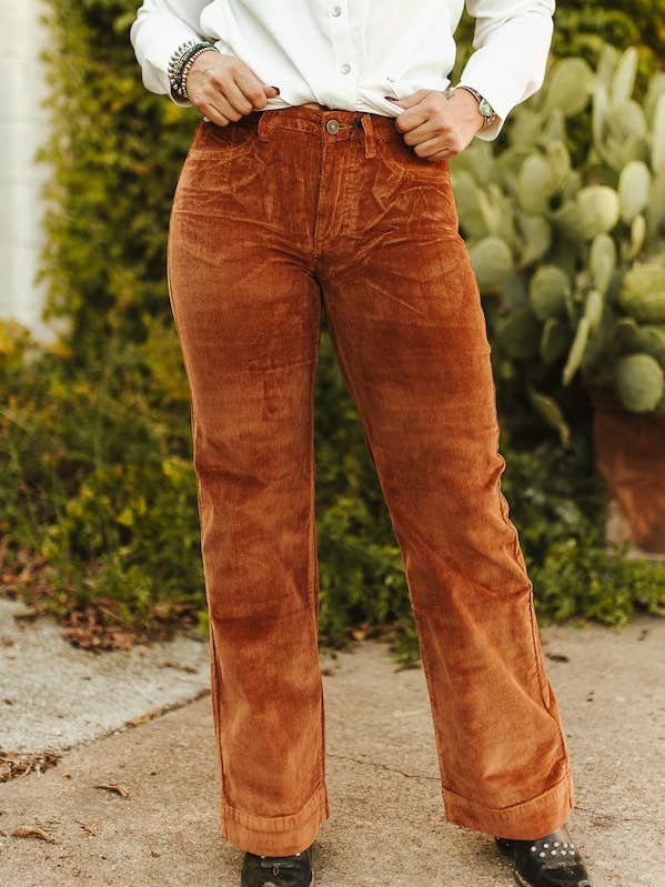 Plus Camel Corduroy Mid Rise Trouser Stre Jeans (32in) for wholesale by LUCKY & BLESSED