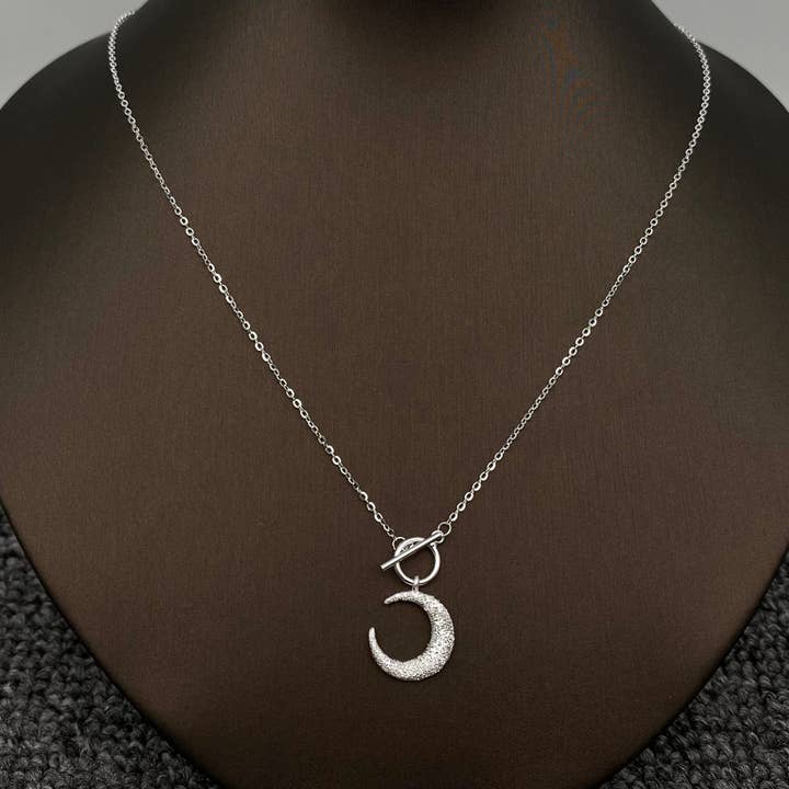 Mio Queena - Wholesale Pendant/Charm Necklace - S925 Sterling Silver Frosted Moon Charm Ot Buckle Necklace - MS