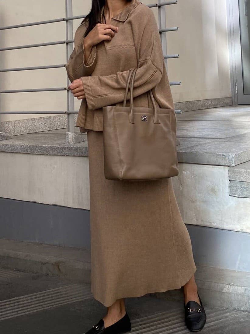 Rosa Clothing - Wholesale Top & Skirt Set - Women's - Polo Collar Loose Pullover Knit Sweater Skirt Set8