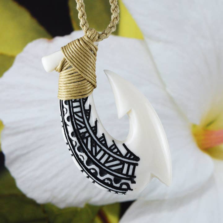 Hawaiian Large Fish Hook Necklace, Hand Carved Buffalo Bone 3D Fish Hook Necklace, N9113 Birthday Mother Gift, Island Jewelry for wholesale by Paradise Treasures Jewelry