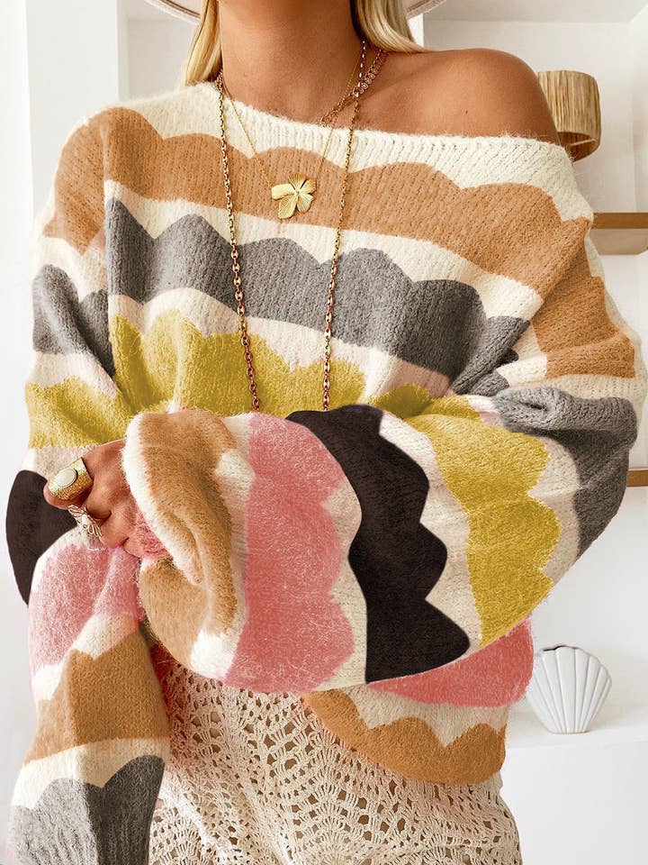 Pull à manches ballon rayé à vagues jaunes avec épaules tombantes pour la vente par Kustom Kreations Goods