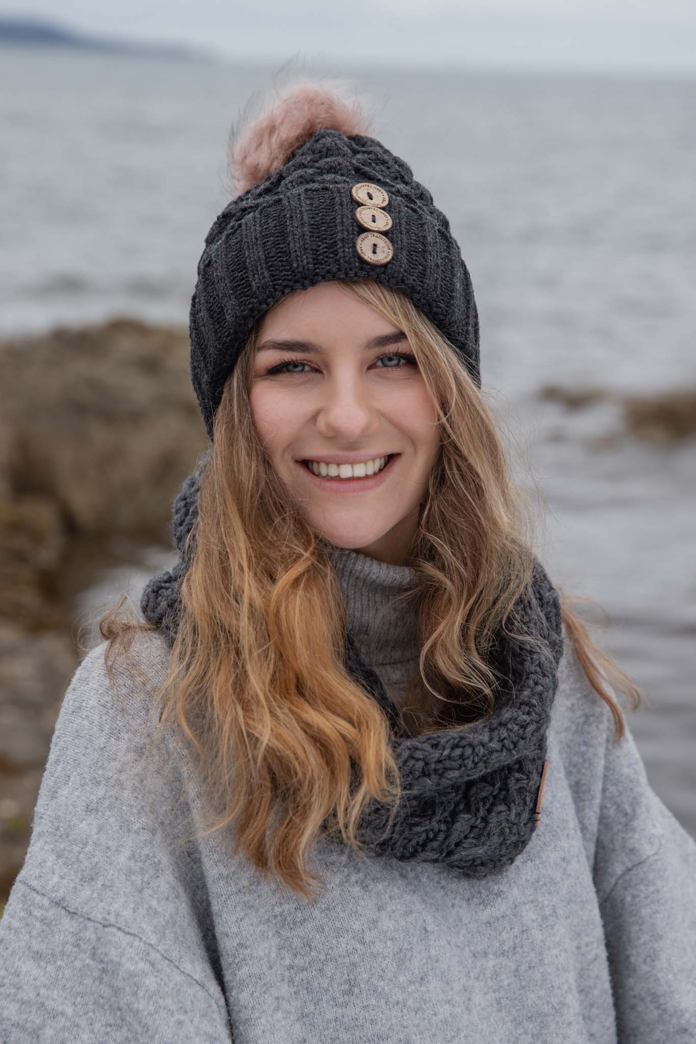 Aran Traditions - Wholesale Beanie - Women's - Aran Diamond Cable Button Hat4