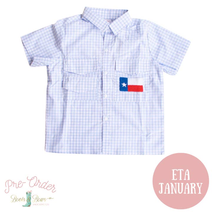Boots & Bows Smocking Co - Wholesale Button Down Shirt - Kids - Boys Texas Flag Fishing Shirt