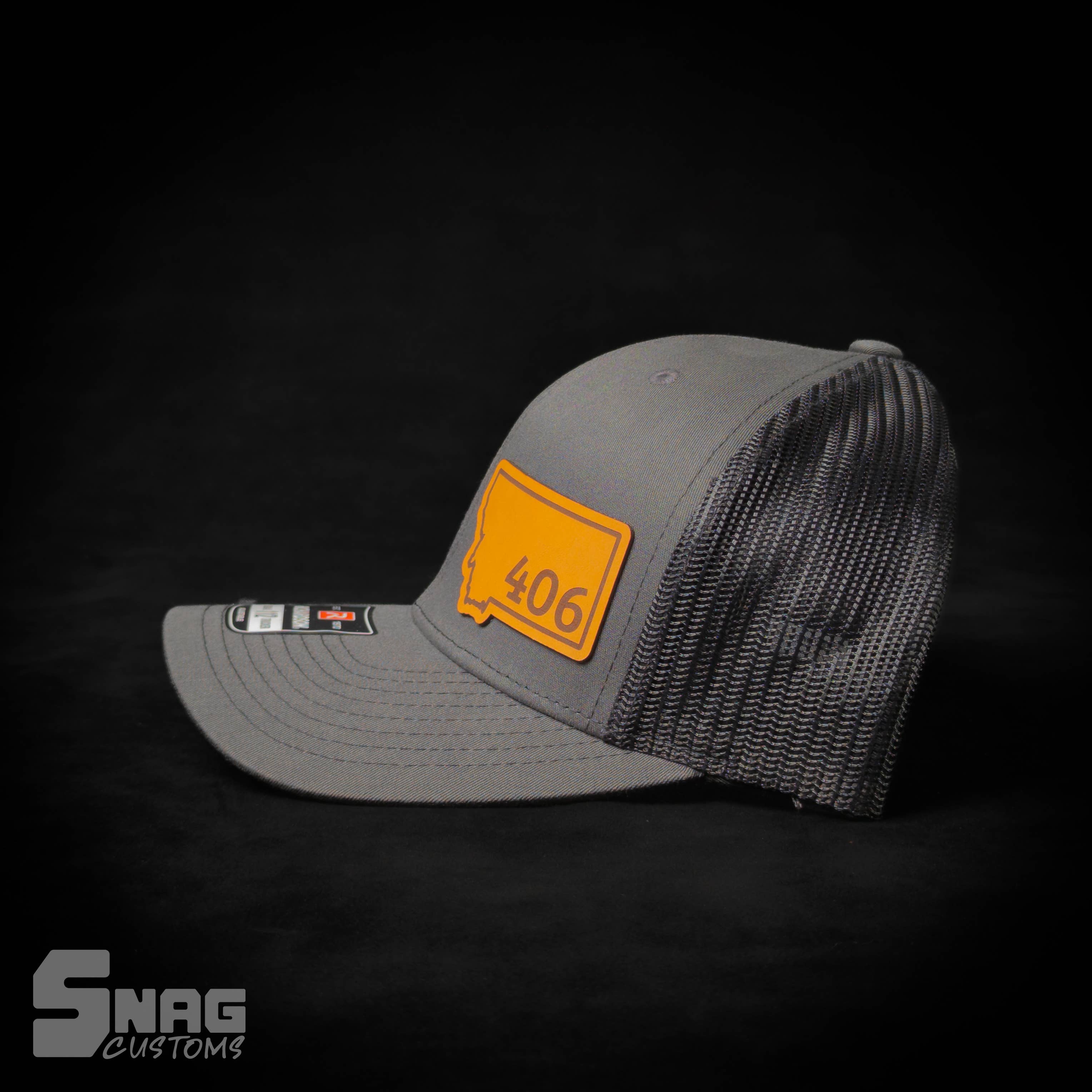 Snag Customs - Wholesale Trucker Hat - Unisex - Montana 406 State Outline Leather Patch Hat1