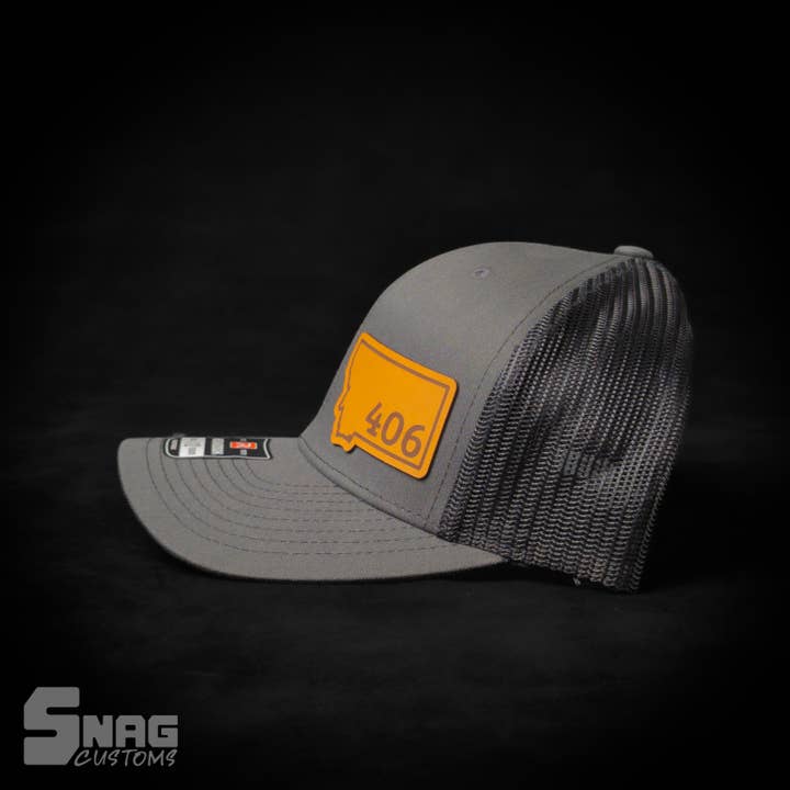 Snag Customs - Wholesale Trucker Hat - Unisex - Montana 406 State Outline Leather Patch Hat1