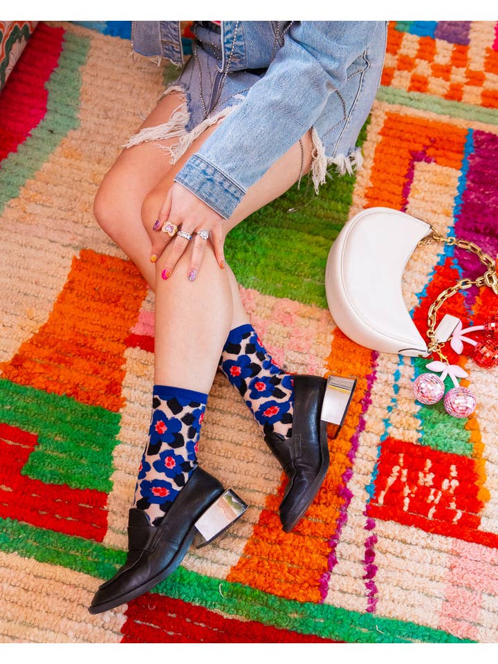 Sock Candy - Wholesale Socks - Women's - Bold Blue Floral Sheer Crew Sock