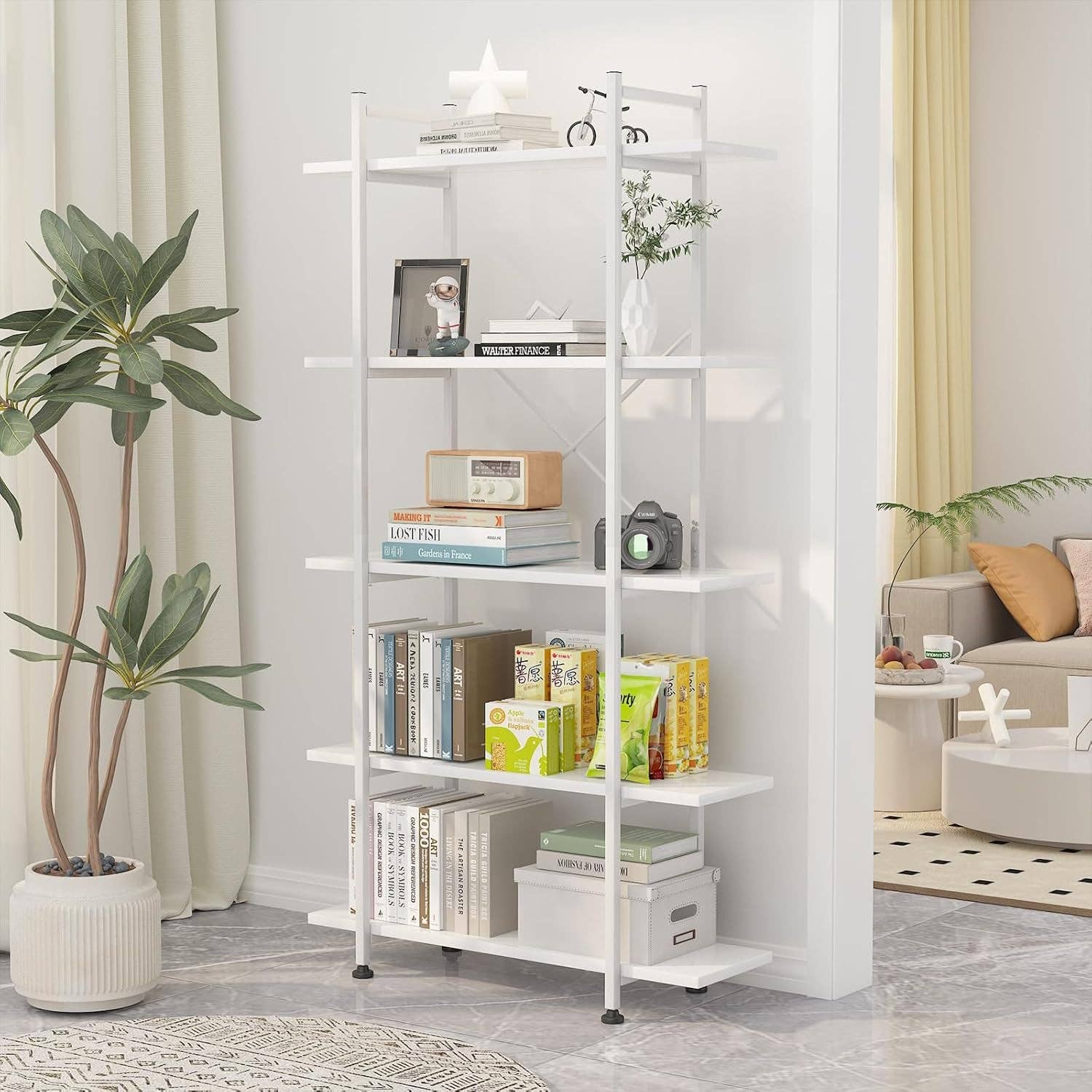 White 5 Tier Wooden Bookcase Tall Storage Organizer for wholesale on Faire5
