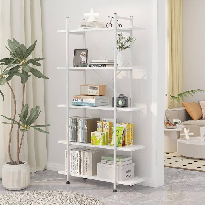 White 5 Tier Wooden Bookcase Tall Storage Organizer for wholesale on Faire5