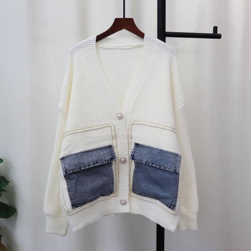 HIDDENBRAND - Wholesale Cardigan - Women's - Elegance Vintage Denim Pockets Sweater Cardigan4