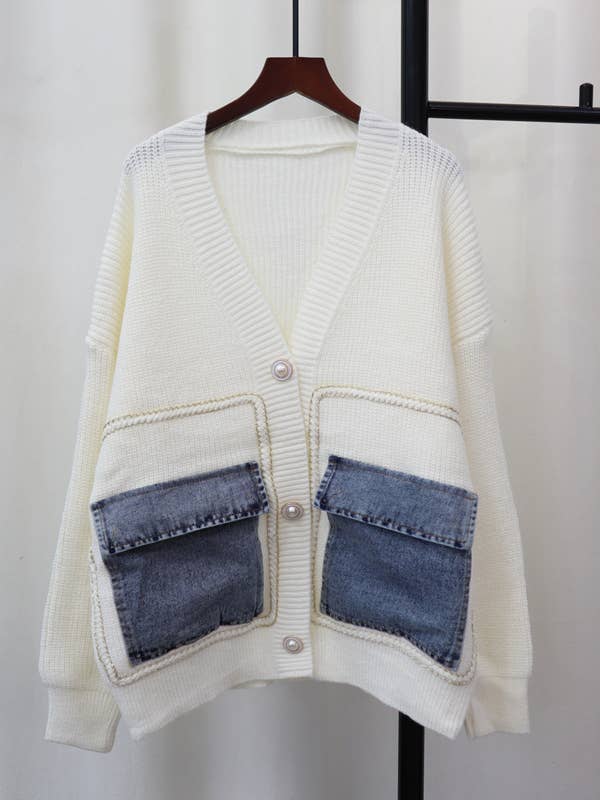 HIDDENBRAND - Wholesale Cardigan - Women's - Elegance Vintage Denim Pockets Sweater Cardigan4