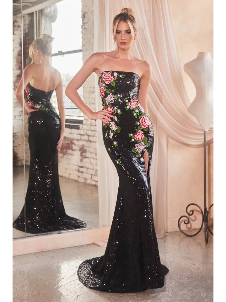 Ladivine by Cinderella Divine - Wholesale Gown - Women's - STRAPLESS FLORAL PATTERNED SEQUIN DRESS