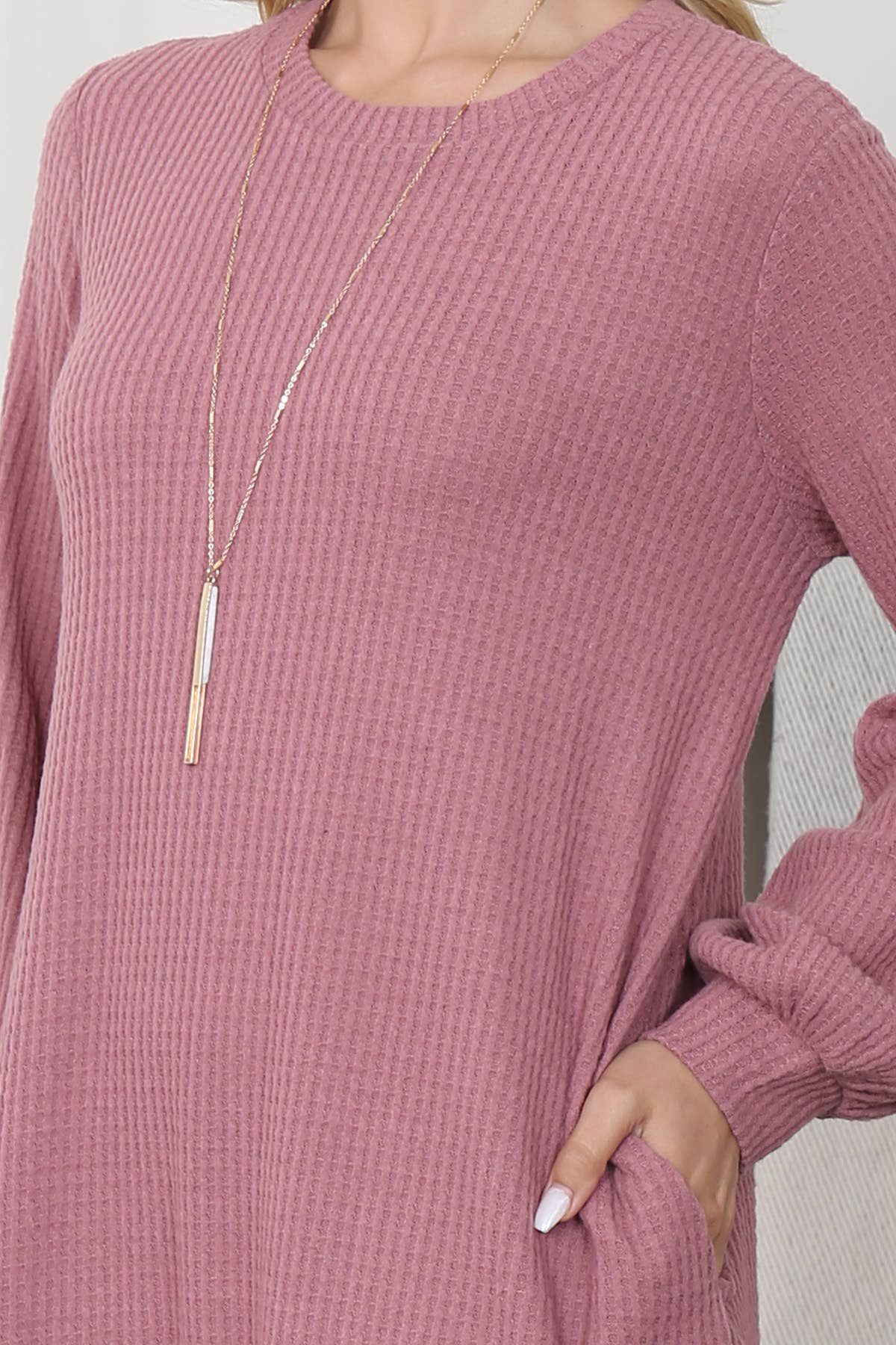 You & Me - Wholesale Dress - Women's - YMD10051V-BRUSHED WAFFLE BUBBLE SLEEVE POCKET DRESS9