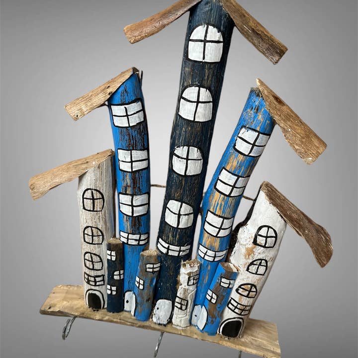 Batik Indah - Wholesale Wall Hook - Painted wood abstract key holder - hanging house from Bali. 2