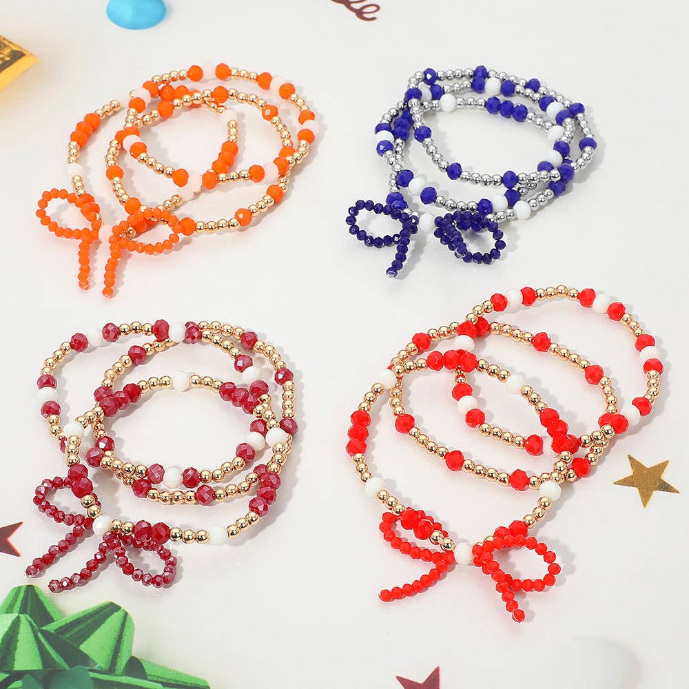Sensibling Corp. - Wholesale Jewelry Set - 3PCS - Sports Team Theme Colored Bow Accent Faceted Beaded Stretch Multi Layered Bracelets15