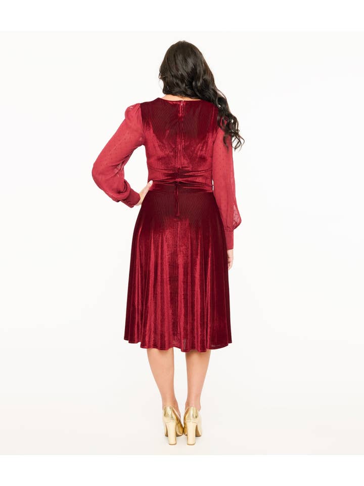 Unique Vintage - Wholesale Dress - Women's - Unique Vintage 1950s Berry Velvet Sheer Sleeve Delores Swing Dress