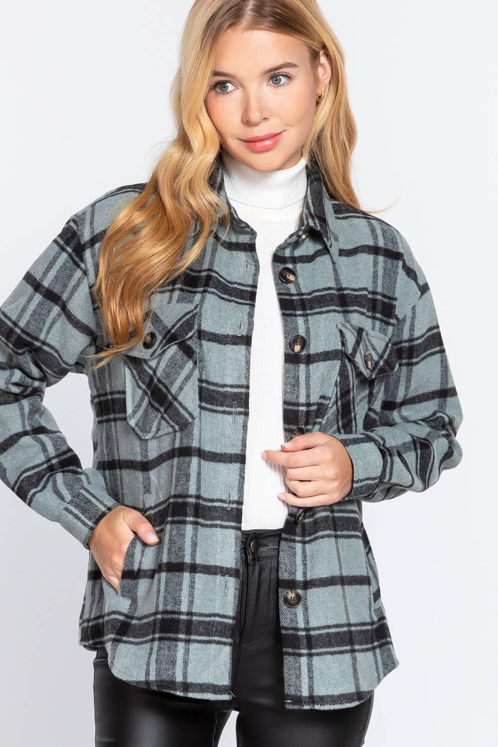 Active Basic | Active USA - Wholesale Shirt Jacket/Shacket - Women's - Long Sleeve Wool Blend Plaid Button Down Casual Jacket 18