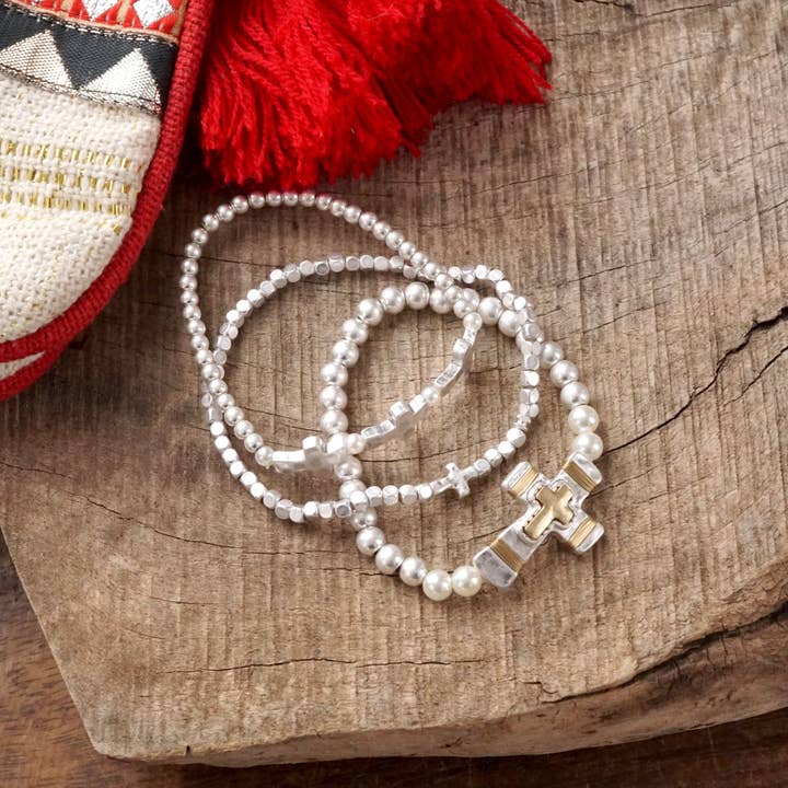 PennyLine inc - Wholesale Beaded Bracelet - Cross bracelets set in Worn Silver tone boho style2