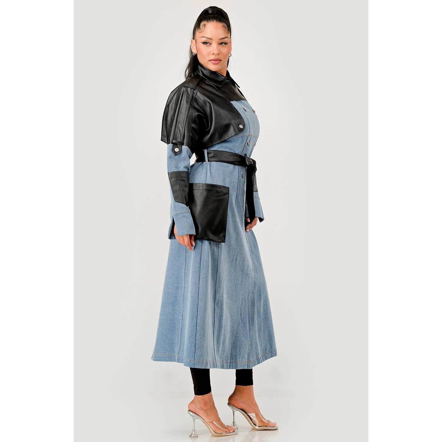 DENIM Trench-coat en denim bicolore et simili cuir en vente sur Faire4