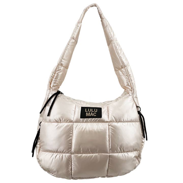 MP-8412 PUFFER METALLIC TOTE BAG - OFF WHITE for wholesale by Girlie Girl Originals