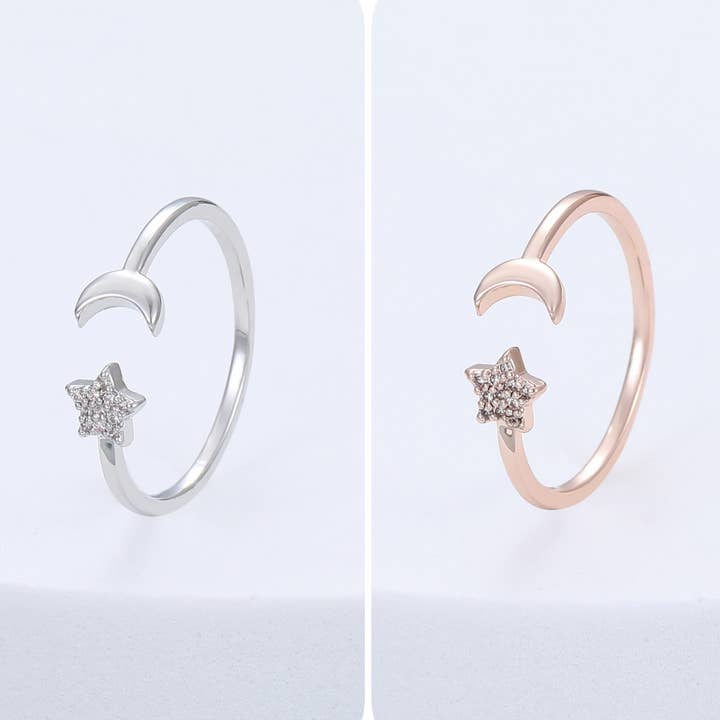 Étoiles et Lune Open Ring with Zirconia R201140S/R for wholesale by Gracee Jewellery