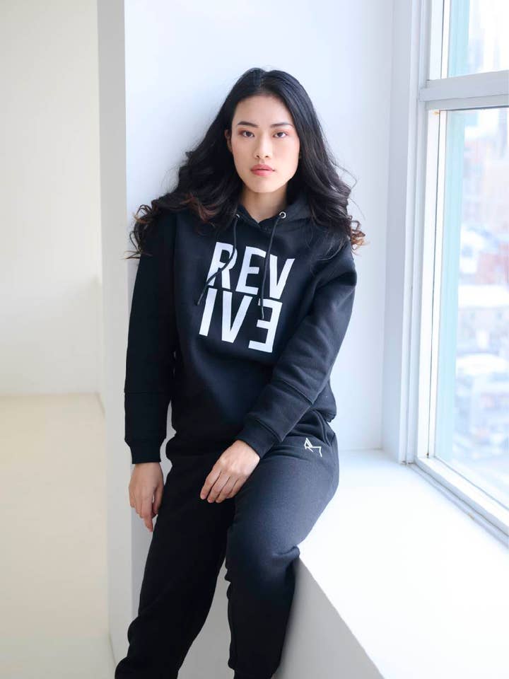 Two Piece Lounge Set. Hooded Sweatshirt and Jogger - Black for wholesale by Revive Loungewear