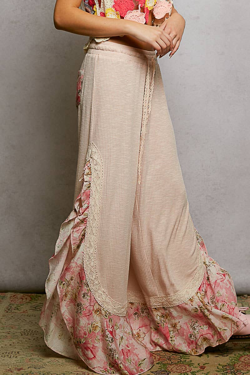 Pol Clothing - Wholesale Pants - Women's - Floral Pattern Ruffle Detail Ribbed Knit Pants30