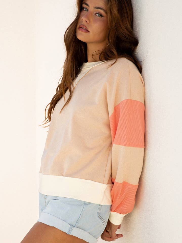 Beige Jolene Block Textured Patchwork Pullover for wholesale on Faire2